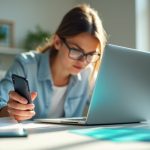 Remote professional reacting to sudden loss of internet in a bright home office, reaching for a phone while facing a blank laptop screen.