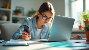Remote professional reacting to sudden loss of internet in a bright home office, reaching for a phone while facing a blank laptop screen.