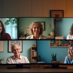 Remote team members on a video call, each in unique home settings, warmly interacting in a cluster of screens that highlights individuality and authentic connection.