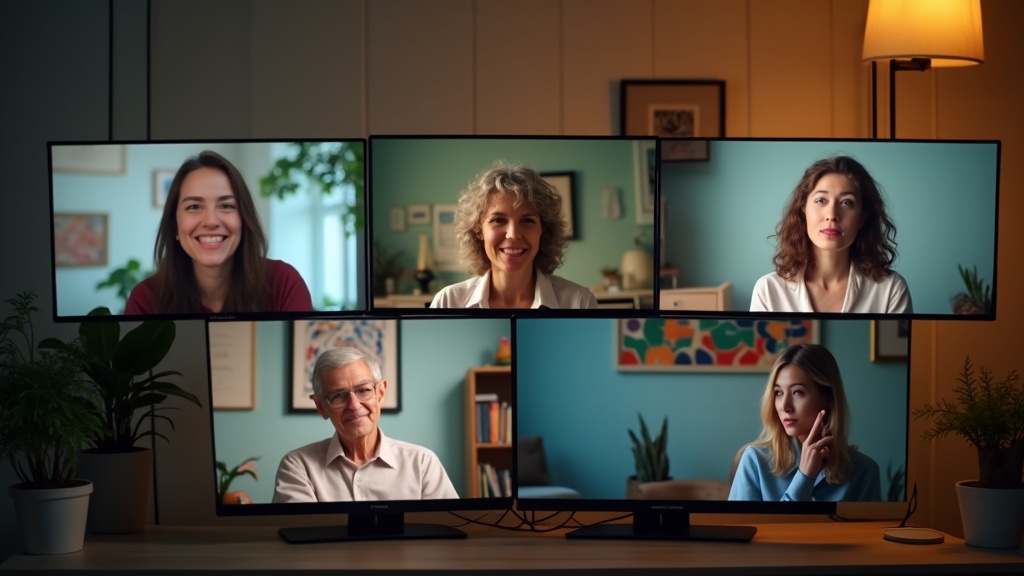 Remote team members on a video call, each in unique home settings, warmly interacting in a cluster of screens that highlights individuality and authentic connection.