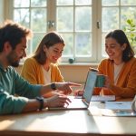 Small remote team working together in a sunlit home office, gathered around a table with laptops and coffee, focused and interacting in a warm, inviting space.
