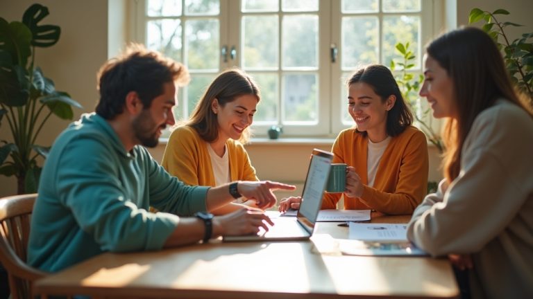 Small remote team working together in a sunlit home office, gathered around a table with laptops and coffee, focused and interacting in a warm, inviting space.