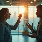 Two colleagues separated by a glass wall in a sunlit office, one writing notes and the other engaged in thoughtful discussion, illustrating distance and collaboration challenges.