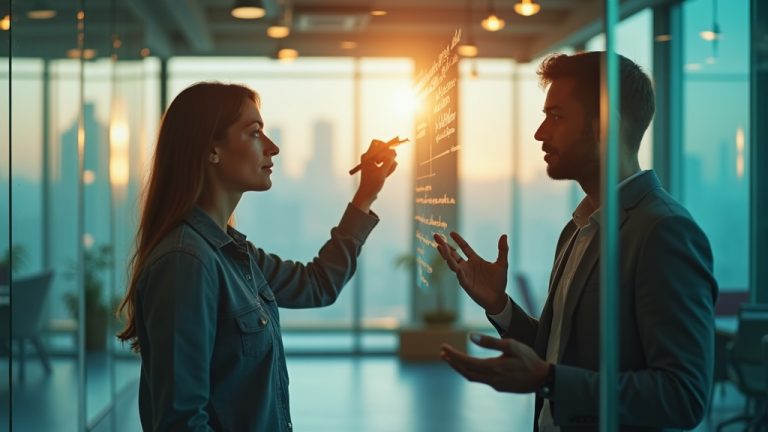 Two colleagues separated by a glass wall in a sunlit office, one writing notes and the other engaged in thoughtful discussion, illustrating distance and collaboration challenges.