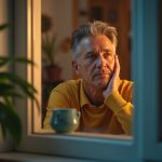 A thoughtful remote worker at a cozy desk gazing out a sunlit window, surrounded by home office details and a tranquil atmosphere