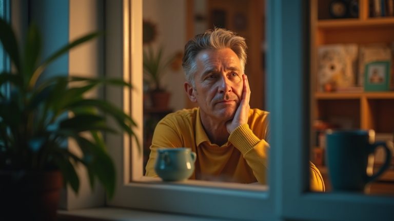 A thoughtful remote worker at a cozy desk gazing out a sunlit window, surrounded by home office details and a tranquil atmosphere