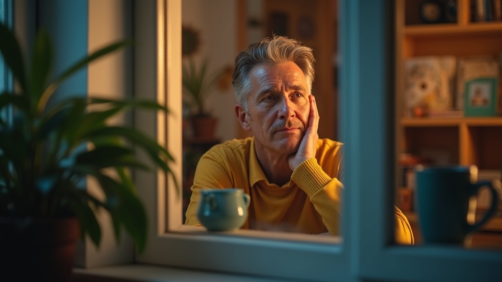 A thoughtful remote worker at a cozy desk gazing out a sunlit window, surrounded by home office details and a tranquil atmosphere