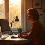 A thoughtful person sits at a sunlit home office desk with modern accents, preparing for their first remote workday in a warm, inviting space.