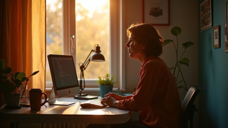 A thoughtful person sits at a sunlit home office desk with modern accents, preparing for their first remote workday in a warm, inviting space.
