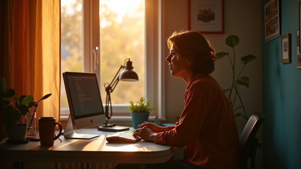 A thoughtful person sits at a sunlit home office desk with modern accents, preparing for their first remote workday in a warm, inviting space.