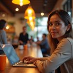 A focused remote worker watches their surroundings in a busy coffee shop, laptop open on a sunlit table with a bright orange mug and blurred patrons in the background.