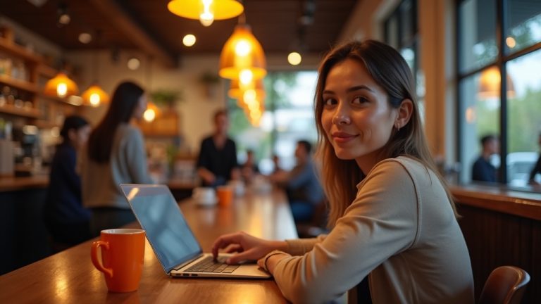 A focused remote worker watches their surroundings in a busy coffee shop, laptop open on a sunlit table with a bright orange mug and blurred patrons in the background.