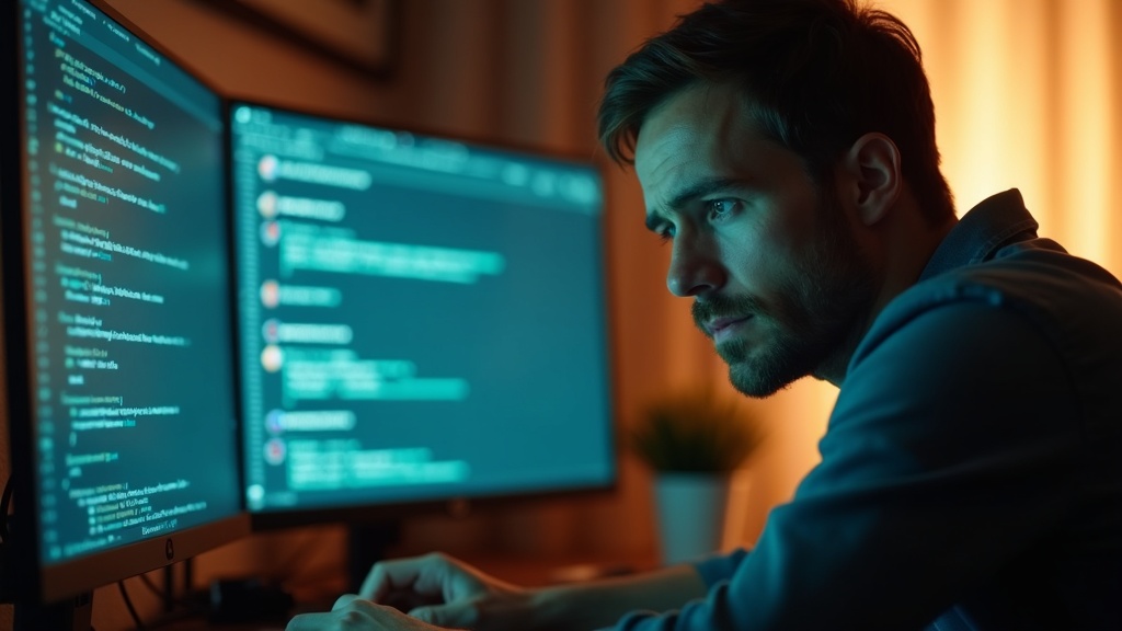 Remote worker in home office surrounded by chat notifications on multiple screens, balancing concentration and distraction in a sunlit room.