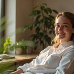 Professional relaxing in a compact, warmly lit home office with a plant on the desk and natural light creating a cozy work environment.