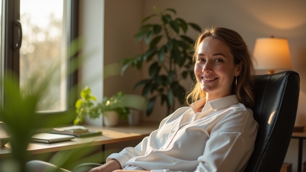 Professional relaxing in a compact, warmly lit home office with a plant on the desk and natural light creating a cozy work environment.