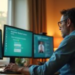 A remote worker in a softly lit home office focuses on multiple digital screens, showing subtle fatigue and a sense of digital overwhelm.