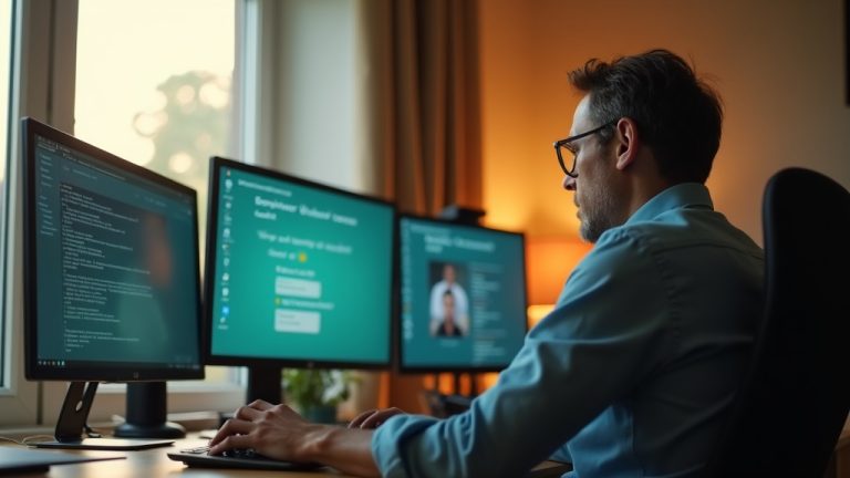 A remote worker in a softly lit home office focuses on multiple digital screens, showing subtle fatigue and a sense of digital overwhelm.