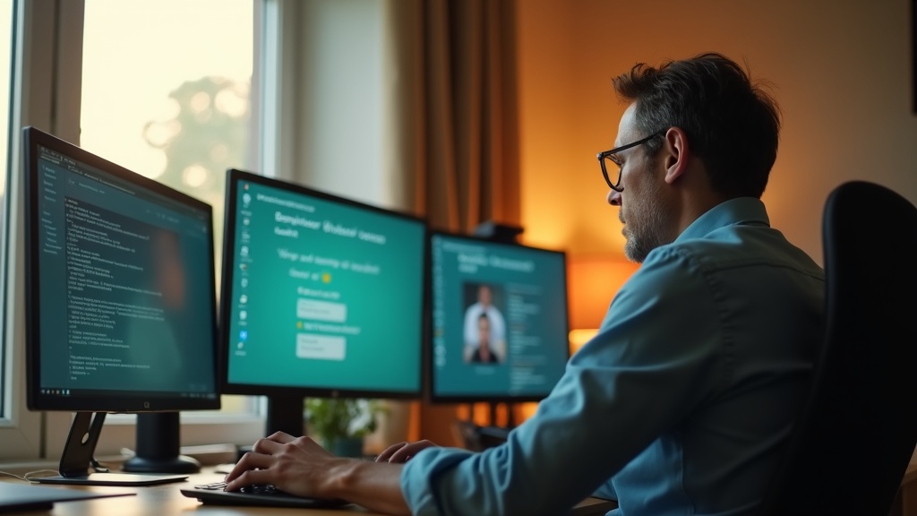 A remote worker in a softly lit home office focuses on multiple digital screens, showing subtle fatigue and a sense of digital overwhelm.