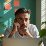 A focused remote professional appears slightly tired during a video call in a sunlit, plant-filled home office with colorful notes and a lived-in desk.
