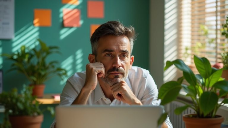 A focused remote professional appears slightly tired during a video call in a sunlit, plant-filled home office with colorful notes and a lived-in desk.