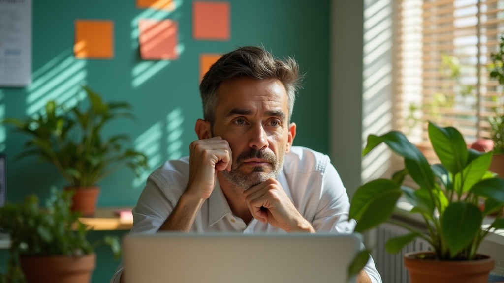A focused remote professional appears slightly tired during a video call in a sunlit, plant-filled home office with colorful notes and a lived-in desk.