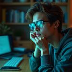 Remote worker at a cluttered desk in a vibrant home office, reflecting multiple notifications in their glasses while appearing both focused and distracted.