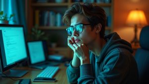 Remote worker at a cluttered desk in a vibrant home office, reflecting multiple notifications in their glasses while appearing both focused and distracted.