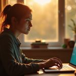 A remote worker in a cozy home office, bathed in warm sunlight, focused on their laptop with everyday comforts and slight imperfections visible in the workspace.