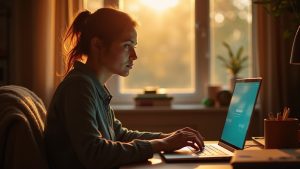 A remote worker in a cozy home office, bathed in warm sunlight, focused on their laptop with everyday comforts and slight imperfections visible in the workspace.