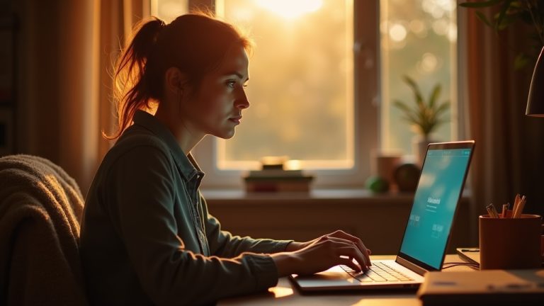 A remote worker in a cozy home office, bathed in warm sunlight, focused on their laptop with everyday comforts and slight imperfections visible in the workspace.
