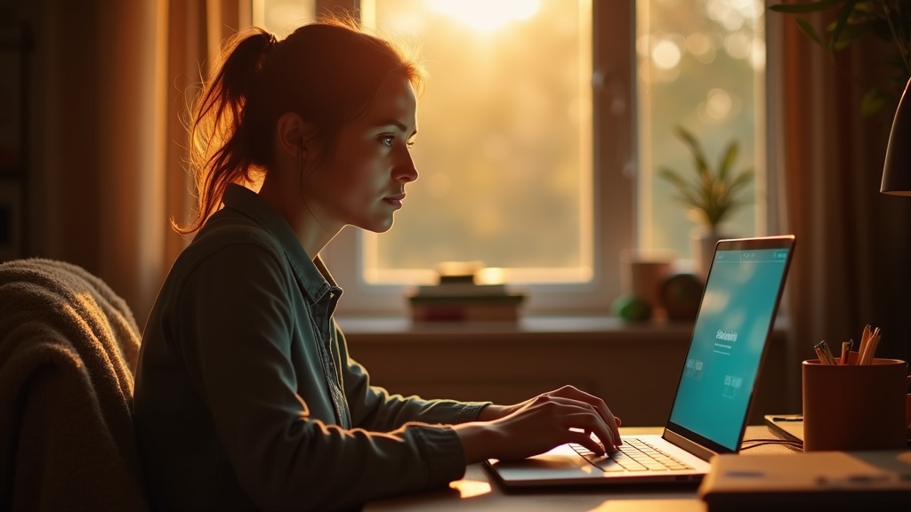 A remote worker in a cozy home office, bathed in warm sunlight, focused on their laptop with everyday comforts and slight imperfections visible in the workspace.
