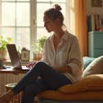 Remote worker sitting on a cushioned makeshift chair in a sunlit home office with improvised seating and personal touches.