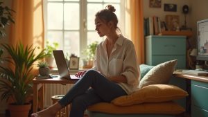 Remote worker sitting on a cushioned makeshift chair in a sunlit home office with improvised seating and personal touches.