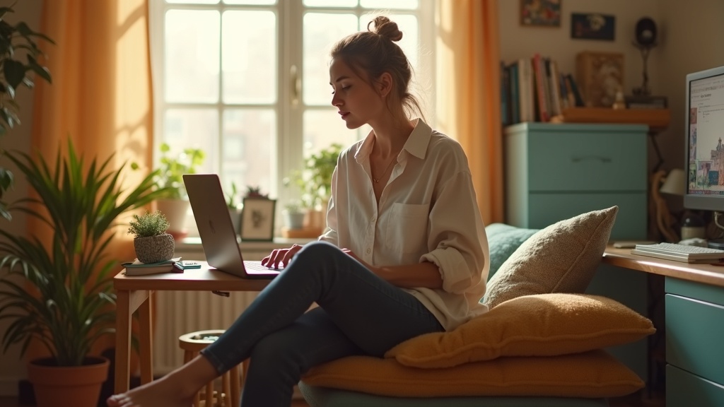 Remote worker sitting on a cushioned makeshift chair in a sunlit home office with improvised seating and personal touches.