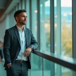 Manager overlooking a vibrant, active office space from a bright balcony, conveying thoughtful supervision and team energy.