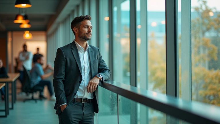 Manager overlooking a vibrant, active office space from a bright balcony, conveying thoughtful supervision and team energy.