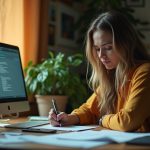 A focused remote worker at a home desk, surrounded by plants and personal items, balancing handwritten notes and laptop tasks with signs of subtle stress.