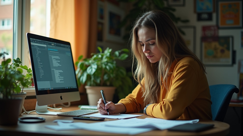 A focused remote worker at a home desk, surrounded by plants and personal items, balancing handwritten notes and laptop tasks with signs of subtle stress.