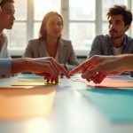 Diverse team members collaborating around a table, actively discussing and arranging colorful cards to co-create remote team agreements in a lively, sunlit office.