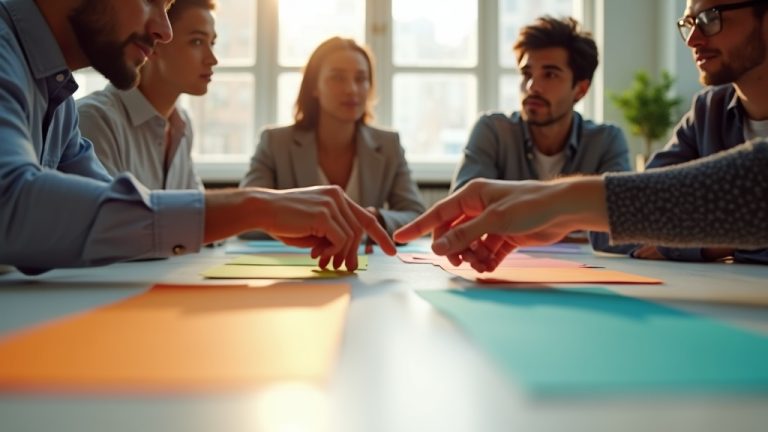 Diverse team members collaborating around a table, actively discussing and arranging colorful cards to co-create remote team agreements in a lively, sunlit office.