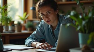 Remote worker at home desk looking frustrated at a blank laptop screen, surrounded by personal items and plants, with warm natural light highlighting a moment of disrupted workflow.