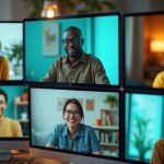 A diverse group of people actively participating in a virtual meeting, each in their unique home office setting with vibrant lighting and personal decor.