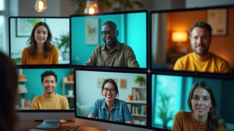 A diverse group of people actively participating in a virtual meeting, each in their unique home office setting with vibrant lighting and personal decor.