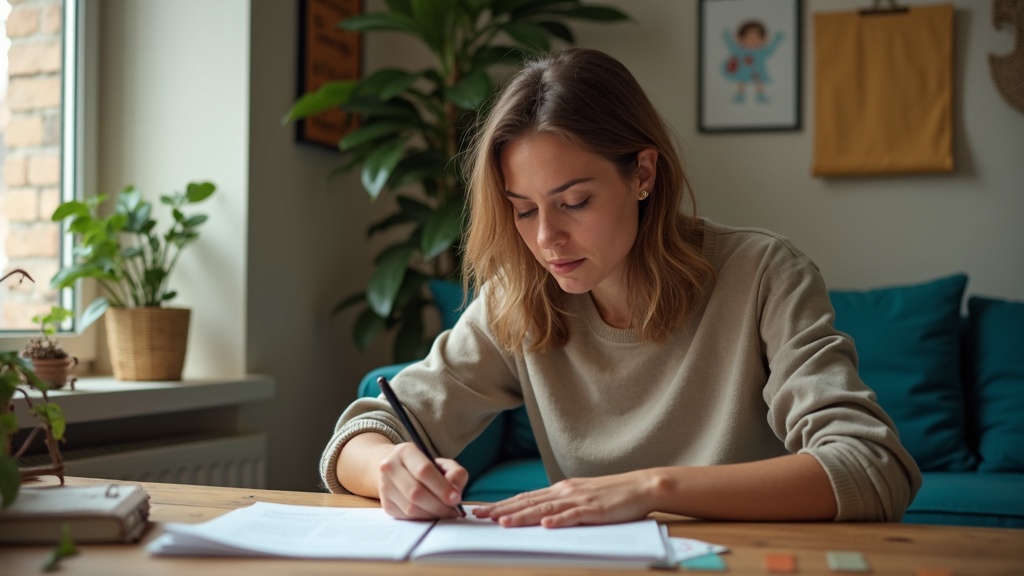 An adult focuses intently at a tidy home desk in a warmly lit living room, surrounding home items subtly visible in the background.