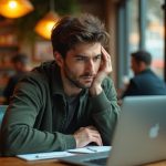 A remote worker at a cafe uses a laptop with the screen partially shielded, surrounded by a lively urban atmosphere and warm natural light.