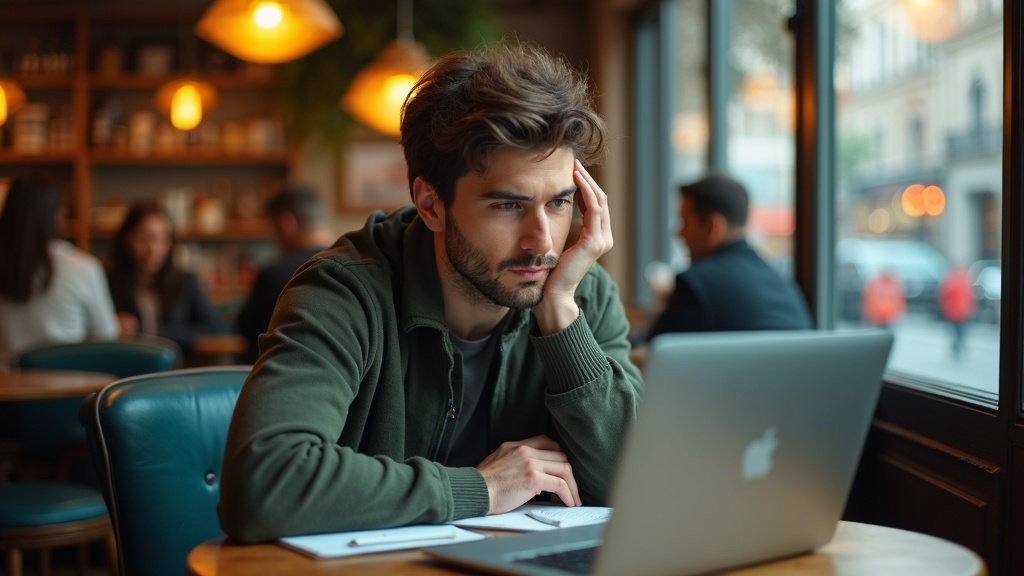 A remote worker at a cafe uses a laptop with the screen partially shielded, surrounded by a lively urban atmosphere and warm natural light.