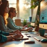 Remote workers focus on project tasks at home desks, highlighted by natural light and vivid workspace details, illustrating focused collaboration.