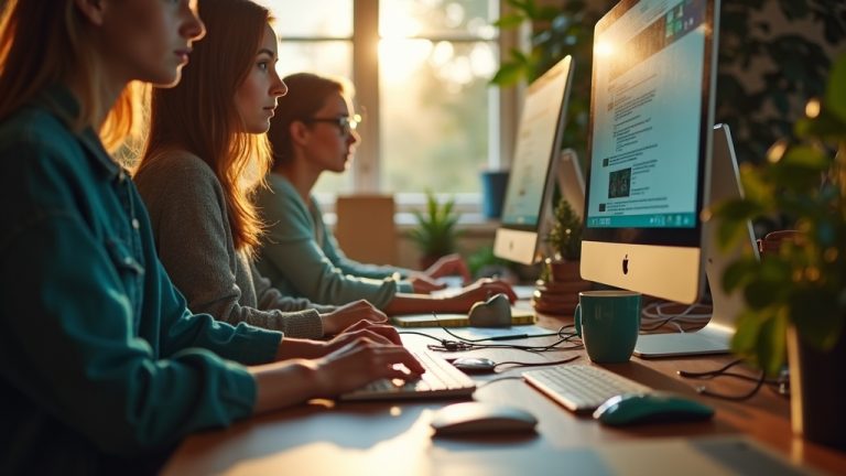 Remote workers focus on project tasks at home desks, highlighted by natural light and vivid workspace details, illustrating focused collaboration.