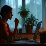 A person at a home desk during a video meeting appears ready but slightly nervous to contribute, illuminated by natural and warm indoor light.