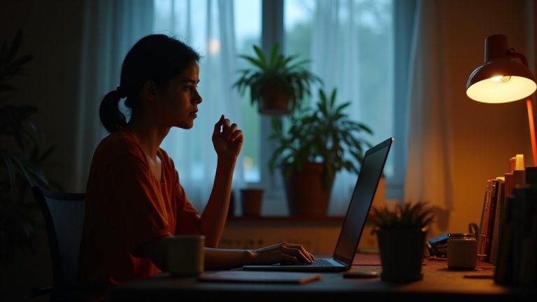 A person at a home desk during a video meeting appears ready but slightly nervous to contribute, illuminated by natural and warm indoor light.